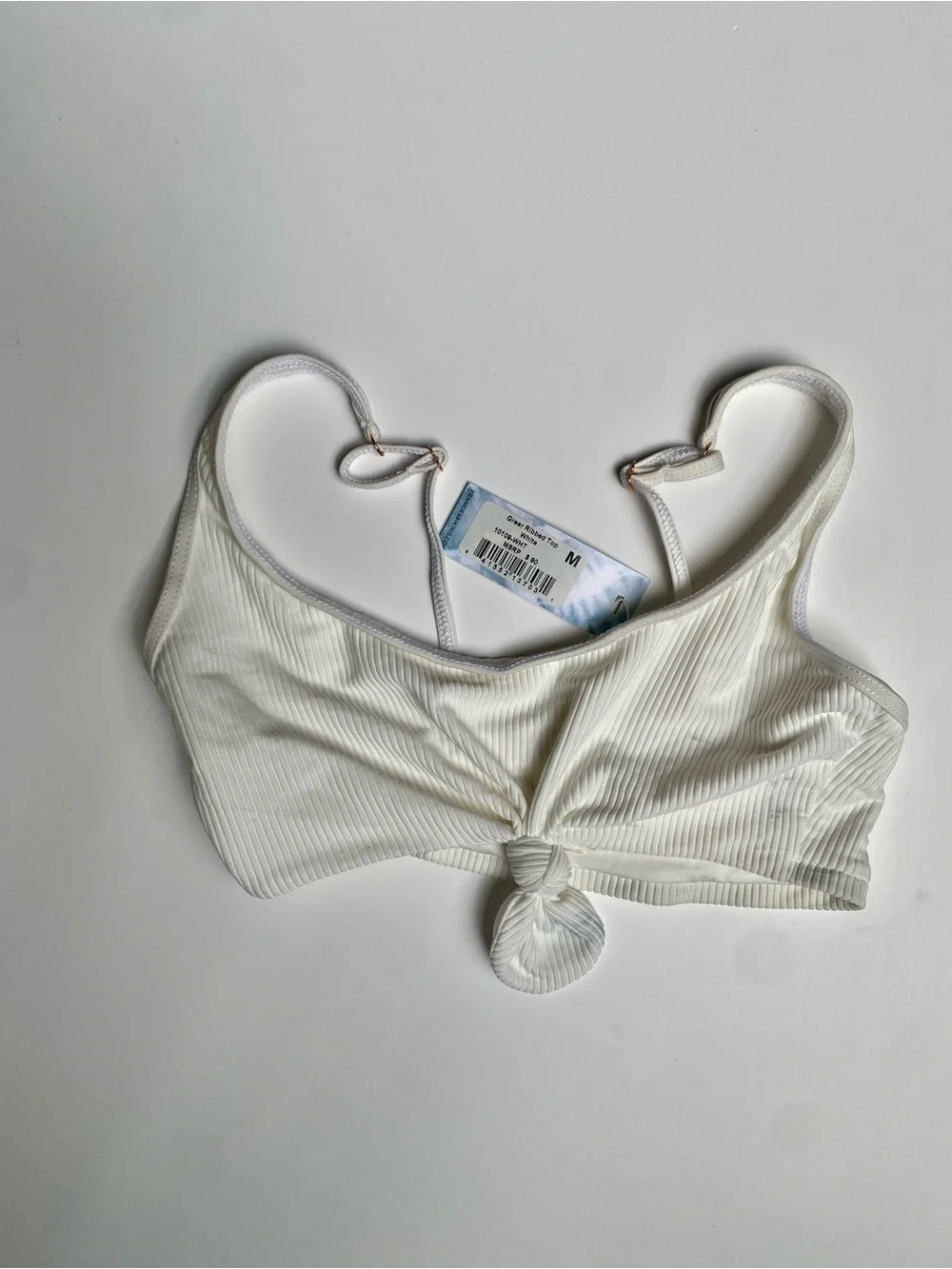 Frankie's Bikinis Ribbed Knot Front Swim Bra in Off-White (M)